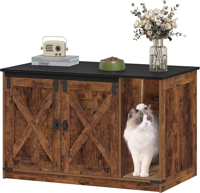 Hzuaneri Cat Litter Box Enclosure, Hidden Litter Box Cabinet Furniture | Indoor Cat House with Bell, Farmhouse Style, 31.5 x 19.7 x 20.9 Inches, for Hallway, Bedroom, Rustic and Black CB85201X