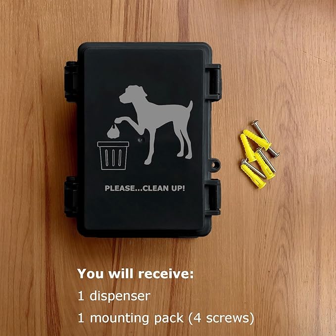 Dog Poop Bag Dispenser Wall Mounted Waterproof Outdoor Pet Waste Bags Dispenser Station with Cute Doggie Poo Images Post, Pole, Fence Mountable fits Home, Porch, Patio, Yard（black,only dispenser)