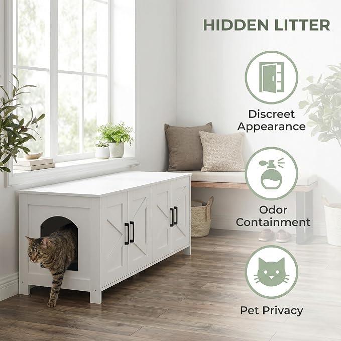 Homhedy 47.2”L Cat Litter Box Enclosure for 2 Cats, White | Wooden Litter Box Furniture Hidden with Double Room, Cat Washroom, Cat House, Dog-Proof, TV Stand,Farmhouse Style