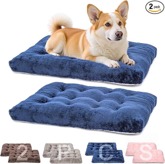 POMIU 2-Pack Washable Dog Bed, Deluxe Plush Crate Beds with Anti-Slip, Machine Washable Kennel Pad Sleeping Mat for Large, Medium and Small Dogs (2 Pack x Navy, 29.0" L x 21.0" W x 3.0" Th)