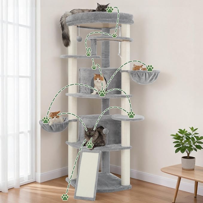 Gitelsnour Corner Cat Tree, All Sisal Multi-Cat Scratching Posts GCT035W | 63.8" Cat Tower for Indoor Cats with Cat Condo, 2 Large Cat Caves, Big Top Perch, 2 Hanging Baskets & Sisal Ramp, Light Gray