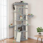 Gitelsnour Corner Cat Tree, All Sisal Multi-Cat Scratching Posts GCT035W | 63.8" Cat Tower for Indoor Cats with Cat Condo, 2 Large Cat Caves, Big Top Perch, 2 Hanging Baskets & Sisal Ramp, Light Gray