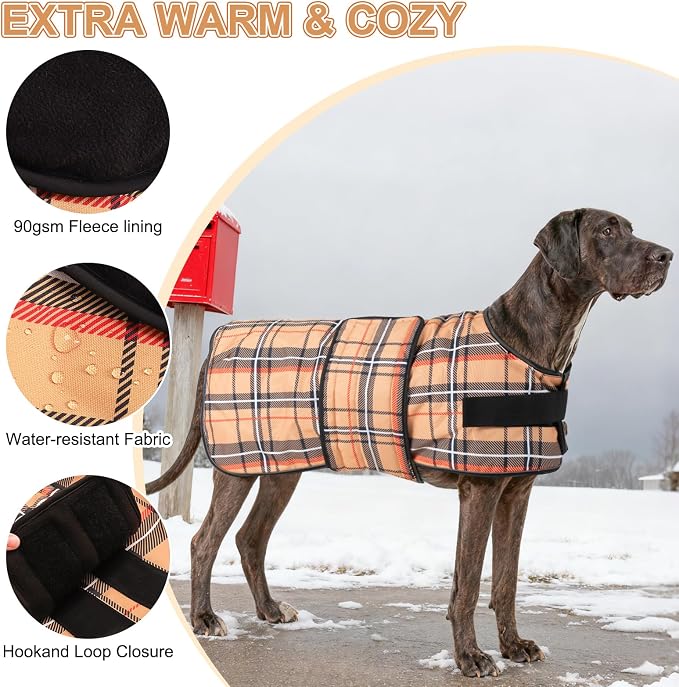 BEAUTYZOO Dog Winter Coat for X-Large Dogs Waterproof, Warm Reflective Great Dane Oxford Canvas Jacket, Fleece Dog Cold Weather Coats Windproof for Female Male Dogs, Khaki Plaid XL