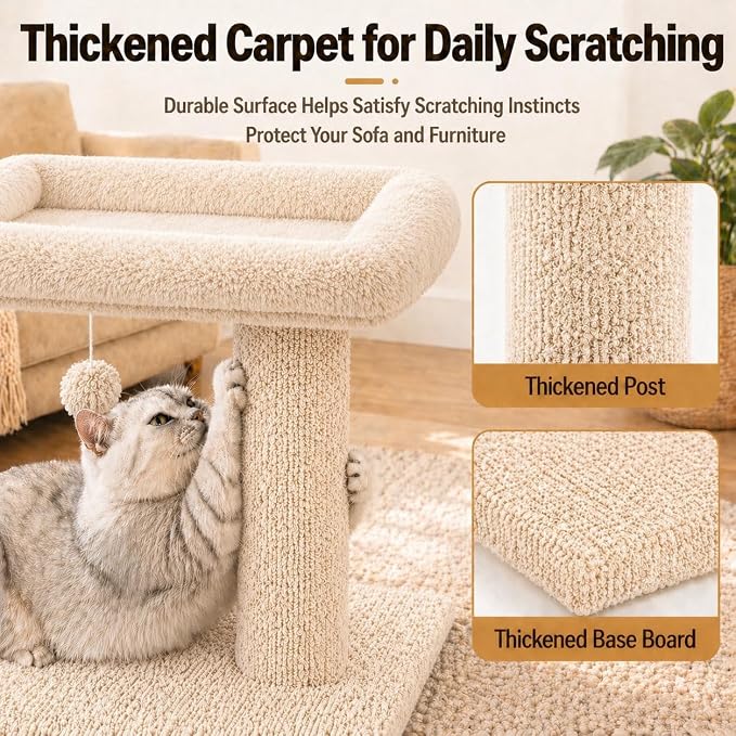 Small Cat Tree with Large Top Perch for Indoor Cats, Beige | Carpeted Scratching Post | Soft Plush Bed | Furniture Protecter | Small Cat Tower | Replacement Toy Balls | Space-Saving