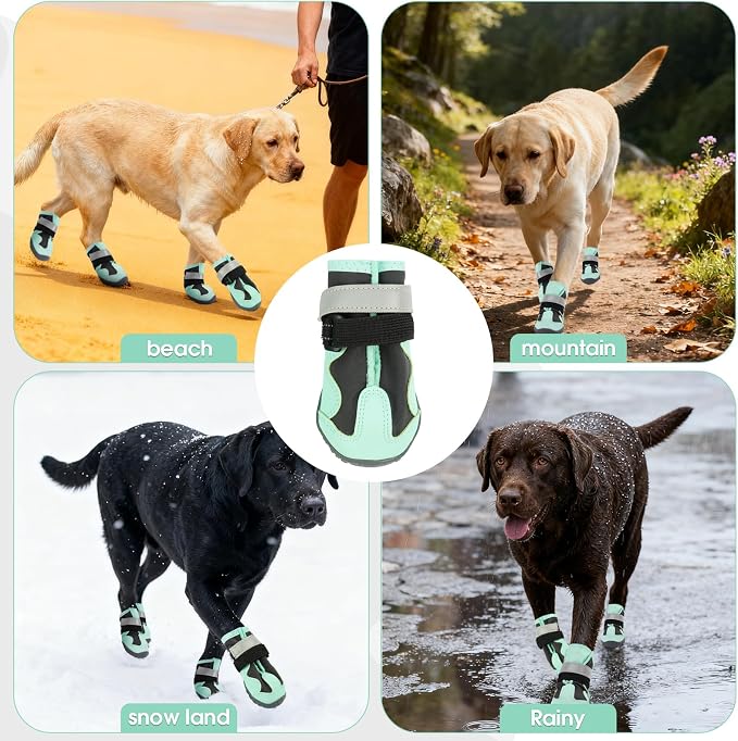 2 Pack Dog Shoes Waterproof, Non-Slip Dog Boots & paw Protectors，Dog Boot for hot Pavement,Winter Snow, Soft Comfortable Safe、Easy to Wear, Dog Boots for Medium Large Dogs（Green 5#