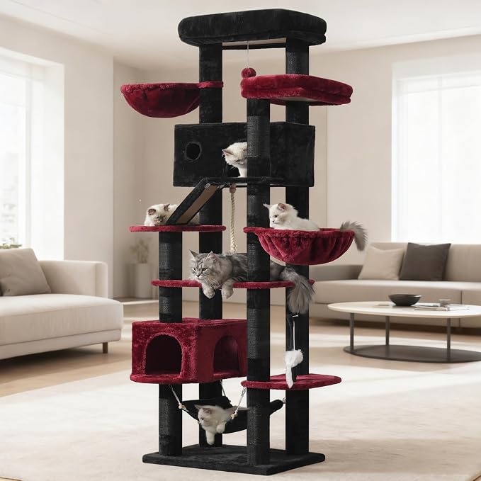 Gitelsnour Tall Cat Tree Tower for for Multiple Cats, Large Condo, GCT031BR | 78.7"(200cm) Multi-level Scratching Post for Indoor Large Adult, 2 Condo, 4 Platforms, 3 Hammock, Sisal Rope, Toys Black