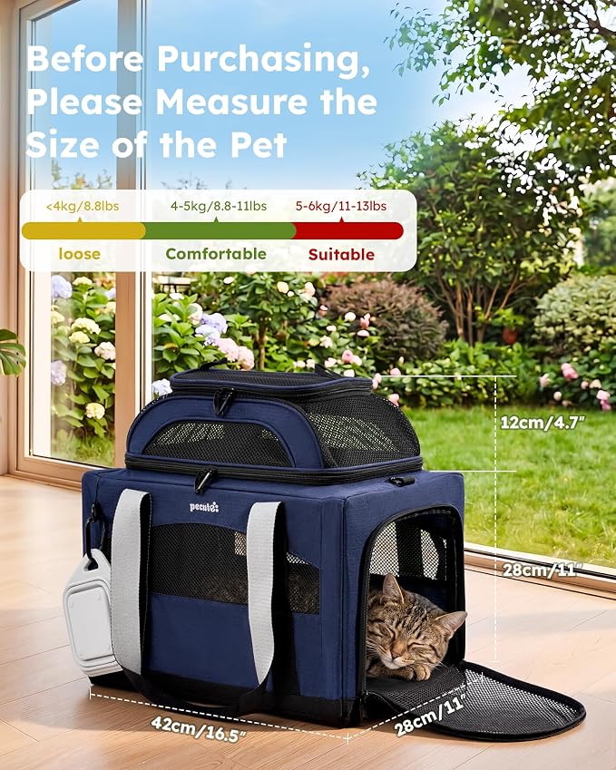 Pecute Cat Carrier, Top Expandable Dog Crate for Travel, Blue | 5mm Anti-Collapse Steel Frame, Soft Mesh, Vet Visits, Foldable Travel Crate,Outdoor Hammock, Leakproof Pee Pad & Bowl