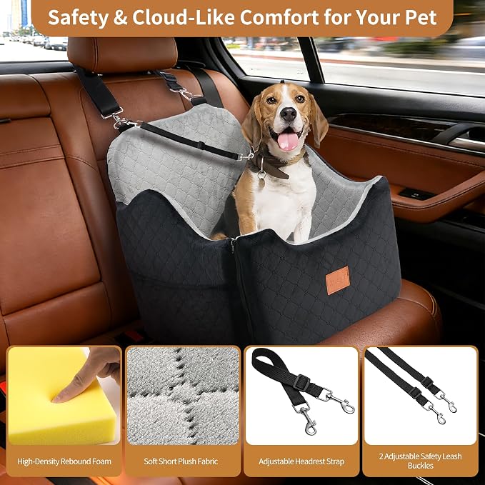XEEP Dog Car Seat Bed for Small/Medium Dogs Up to 35 lbs, Memory Foam | 2-in-1 Design, Includes Blanket & Urine Pad, 2 Height-Adjust Cushions, Two Safety Tethers, Machine Washable Cover(Black/Grey)