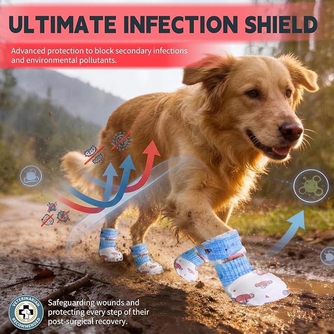 Disposable Dog Booties with 4 Rolls Bandages, Dog Paw Protectors for Hot Pavement, Dog Boots to Prevent Licking Paws & Recovery, Gentle Paw Covers 32 Pcs (Size L: Paw Width 2.57-3.15")
