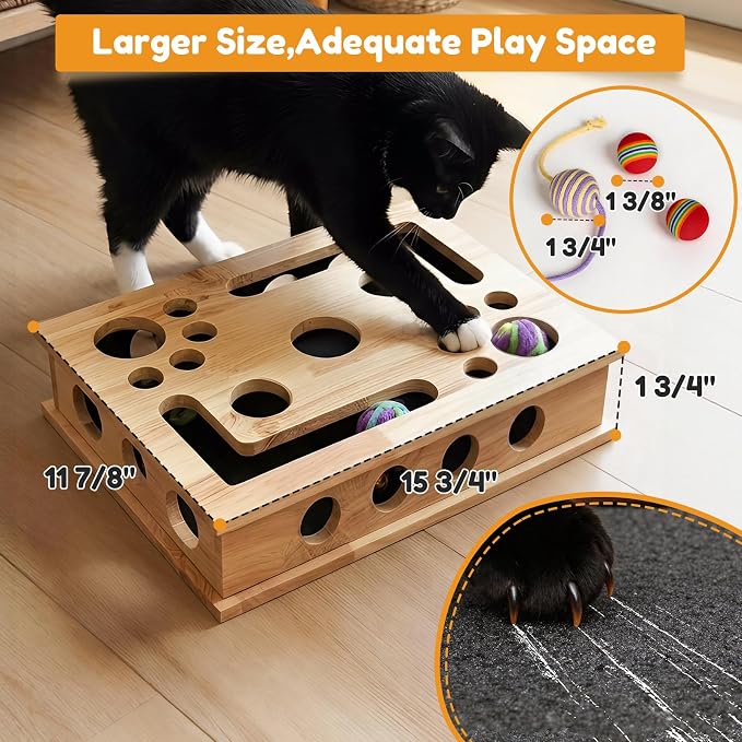 【Large&Thicken Oak 】Cat Nail File Scratcher Puzzle Box,High-Density Furniture Grade Oak,Porous Design,Stimulate Cat Exploratory &Slow Down Eat Speed;Built In Frosted Paper,Polish Their Nail While Play