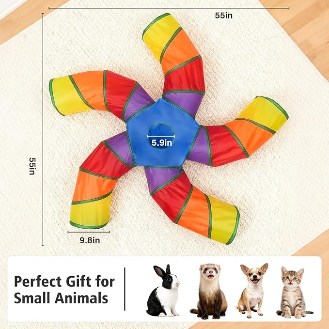 Joytale Cat Tunnel for Multiple Cats, 5-Way Indoor Tube Toy to Chase & Hide | Bell ball & Toy Mouse Included; Peekaboo Hole; Pops Open & Folds Into Zip Bag; Fits Cats to ~12 lb; Kittens & Rabbits Too