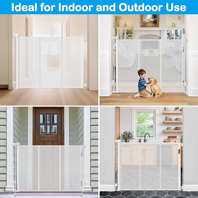 42 Inch Extra Tall Retractable Baby Gates with Reinforced Strips 55 Inch Wide Outdoor Retractable Dog Gate No Sag Extra Tall Baby Gate for Doorway Anti-Scratch Mesh Gates for Kids or Pets, White