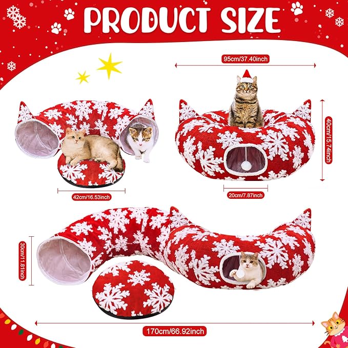 OurWarm Cat Tunnel Christmas Tree Skirt, Red Snowflake Cat Donut Tunnel Under Christmas Tree with Washable Mat & 11Pcs Cat Toys Interactive, Soft Plush Peekaboo Cave Bed for Indoor Cats Small Animals