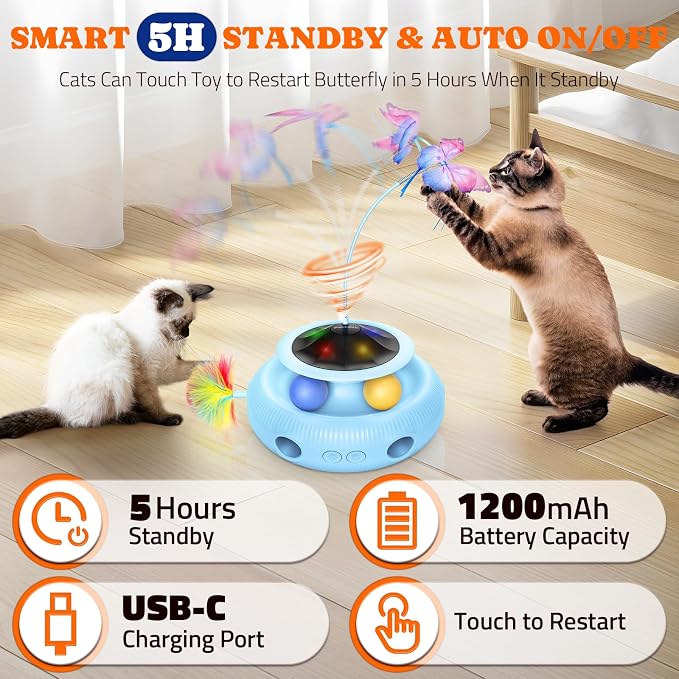 Pawtners Cat Toys, Automatic Interactive Kitten Toys for Indoor Cats, Blue | Fluttering Butterfly, Moving Feather, Track Balls and USB Rechargeable Powered Smart Indoor Exercise Kicker