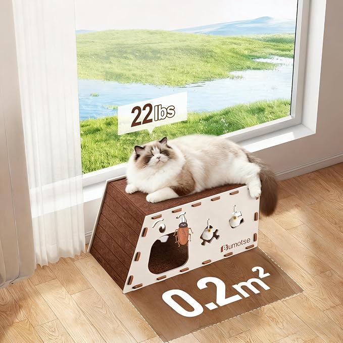 Cat Tunnel House for Indoor Cats, 3-in-1 Felt Cave and Scratcher | Fits 12–22 lb pets, reinforced top supports lounging, joins two units into a 47-inch play zone, includes two catnip bell toys