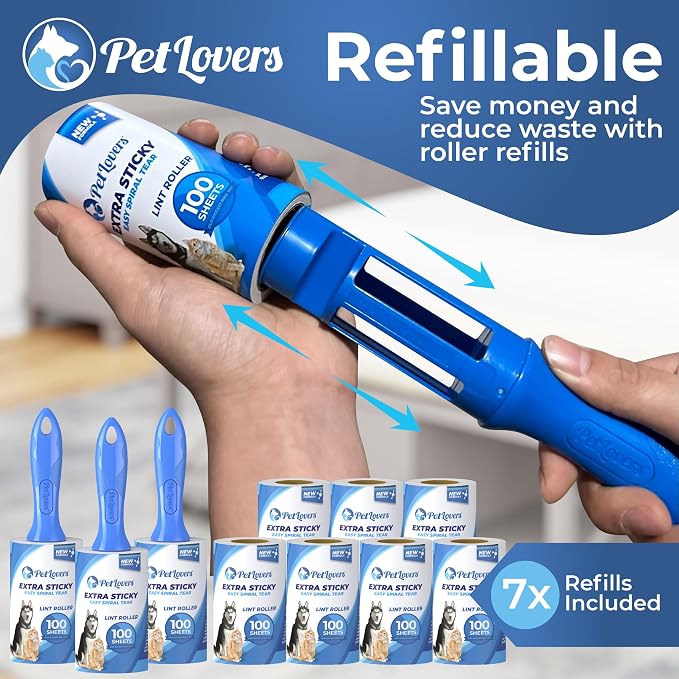 PetLovers Extra Sticky Lint Roller Mega Value Set 1000 Sheets for Pet Hair Removal, Dog and Cat Lint Remover 10 Pack