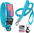 Tactical Dog Collar and Bungee Leash,Military Dog Collar & Leash Set with USA American Flag Adjustable K9 Collar with Heavy Duty Metal Buckle & Handle,with Patches and Airtags Case (Light Blue, XL)