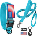 Tactical Dog Collar and Bungee Leash,Military Dog Collar & Leash Set with USA American Flag Adjustable K9 Collar with Heavy Duty Metal Buckle & Handle,with Patches and Airtags Case (Light Blue, L)