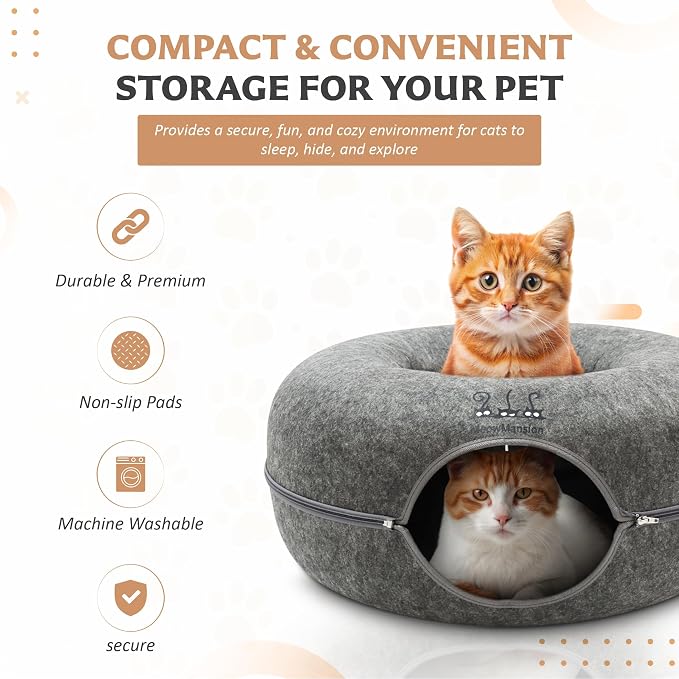 MeowMansion - Indoor Cat Tunnel Bed - Scratch Resistant Peekaboo Cave Donut Shape - Multifunctional Playground, Caves, Toys (Grey)