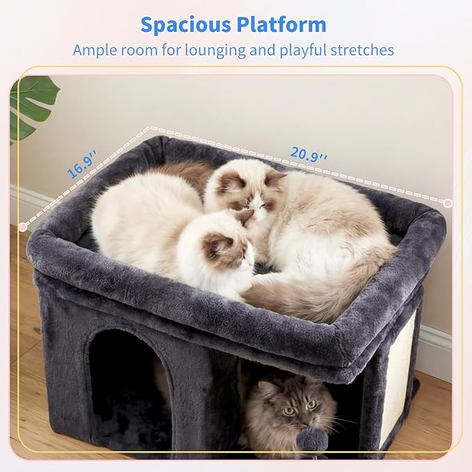 Heybly Cat Tree, 14" Cat Tower with Large Cat Bed & Condo HCT203SG | Cat Furniture for Indoor Cats Large Adult, Cat House with Scratching Posts and Spring Balls for Kittens, Smoky Gray