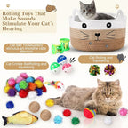Zopeal 76 Pcs Cat Storage Basket Gift Toys Set Interactive Cat Toys Kitten Wand Colorful Flashing Balls Pet Crinkle Balls Attract Kitten to Swat, Hunt for Pet Indoor(Khaki)