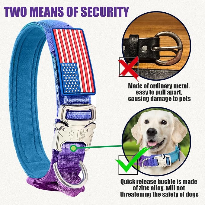 Tactical Dog Collar Military Dog Collar Adjustable Nylon Dog Collar Heavy Duty Metal Buckle with Handle for Dog Training,with Patches (Gradient 1, M)