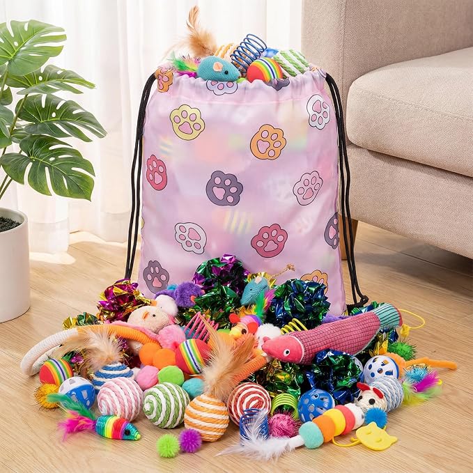 Leitee 100 Pcs Cat Toys Assortment with 1 Gift Storage Bag, Interactive Cat Play Set for Indoor Kitten, Colorful Springs, Mouse Toys, Chew Ropes, Balls, Bells & Sisal Ball
