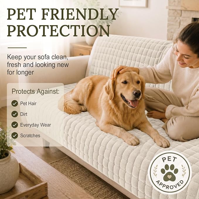 Smiry Velvet Couch Cover for Dogs, Non Slip Soft Sofa Protector for Pets | Washable Sofa Cover for Cats, Cozy Furniture Protector Against Pet Hair, Scratches, Fits Sectional Sofa(White, 36"x63")
