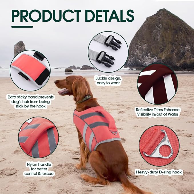 Kuoser Reflective Dog Life Jacket, Dog Life Vest for Swimming Boating | Adjustable Pet Lifejackets, High Flotation Doggie Swimsuit with Rescue Handle for Small Medium Large Dogs