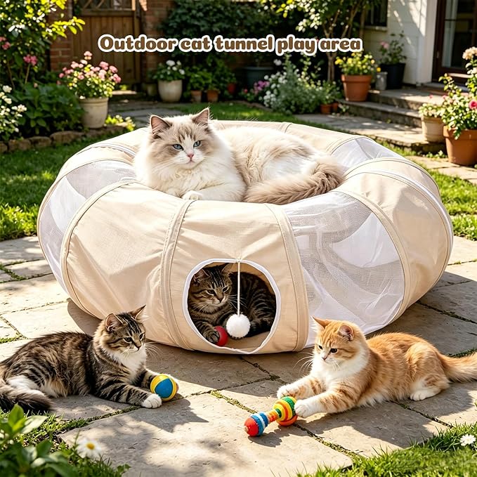Ownpets Collapsible Cat Tunnel Toy - 2-in-1 Interactive Play Tunnel for Cat up to 18 lbs, Tear-Resistant Mesh, Fold to 2 Inches Thick, Portable Cat Exercise & Entertainment Tunnel, 12" Diameter, Khaki