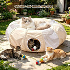 Ownpets Collapsible Cat Tunnel Toy - 2-in-1 Interactive Play Tunnel for Cat up to 18 lbs, Tear-Resistant Mesh, Fold to 2 Inches Thick, Portable Cat Exercise & Entertainment Tunnel, 12" Diameter, Khaki