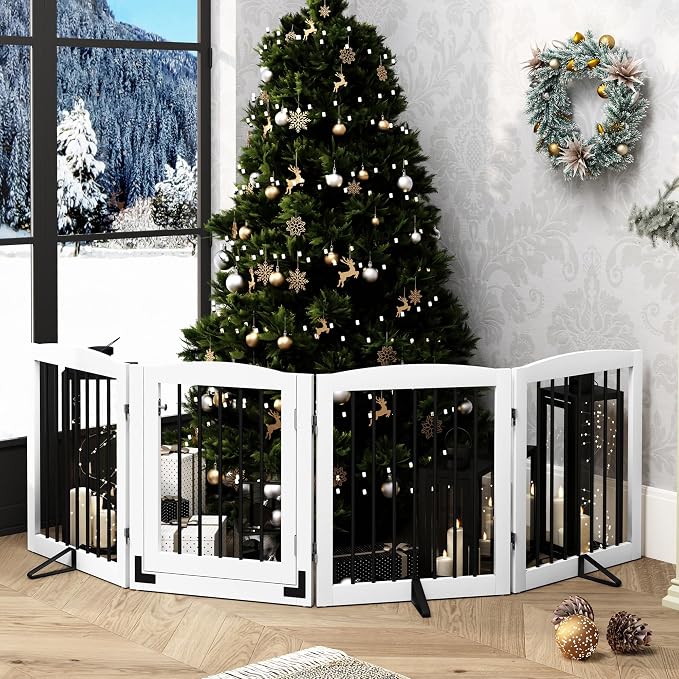 PUPETPO Freestanding Dog Gate with Door, Pet Gate for Stairs, 80 inch Wide Pet Barrier Indoor, Dog Fences Indoor, Support Feet Included, 4 Panels, 24" Tall, White & Black