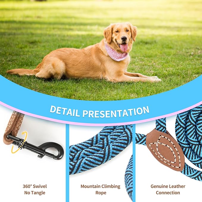 Mile High Life Short Dog Leash with Genuine Leather Connection | Rope Leash, Heavy Duty 360° Swivel Metal Clasp, for Small Medium & Large Dogs (Green, 48 Inch)