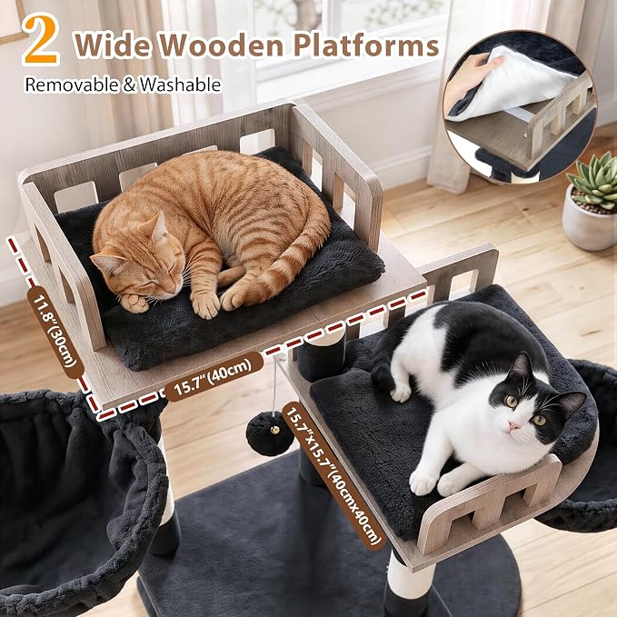 Gitelsnour Sturdy Cat Tree Tower with 2 Large Condos, 4 Big Perchs GCT039G | 74.8" Sturdy Cat Furniture for Indoor Cats Large Adult with 2 Cozy Cat Baskets, Sisal Scratching Posts & Toys, Dark Gray