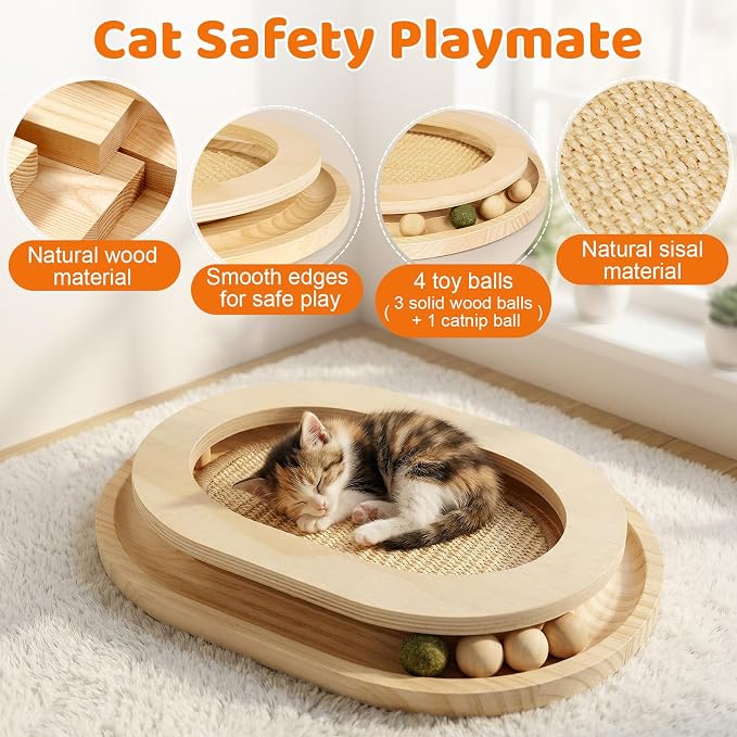 Cat Scratcher, Sisal Scratch Pad with Interactive Ball Track | No Assembly, Natural Sisal, Solid Base, Track with 3 Wooden Balls + 1 Catnip Ball, No Slip Pads, for Cat Exercise Sleep Chase