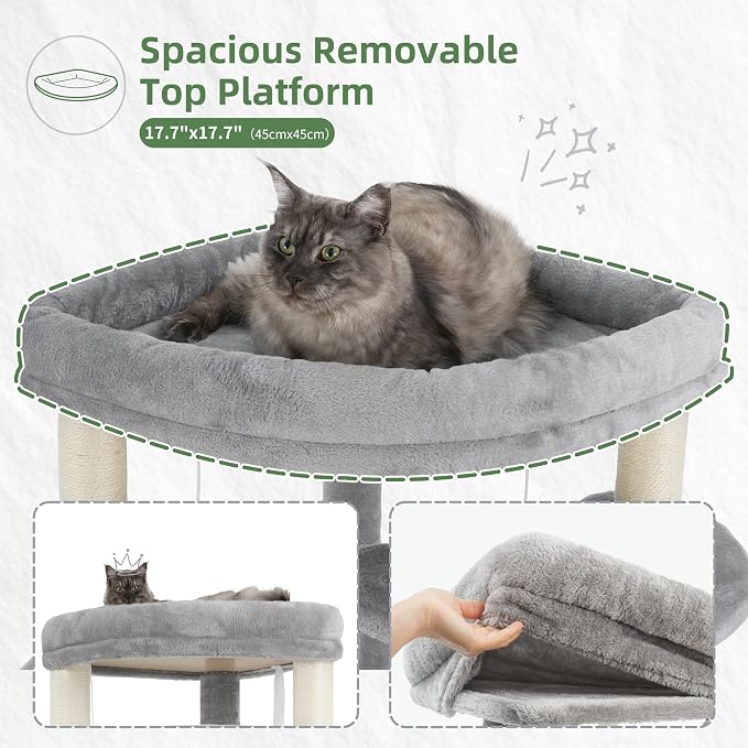 Gitelsnour Corner Cat Tree, All Sisal Multi-Cat Scratching Posts GCT035W | 63.8" Cat Tower for Indoor Cats with Cat Condo, 2 Large Cat Caves, Big Top Perch, 2 Hanging Baskets & Sisal Ramp, Light Gray