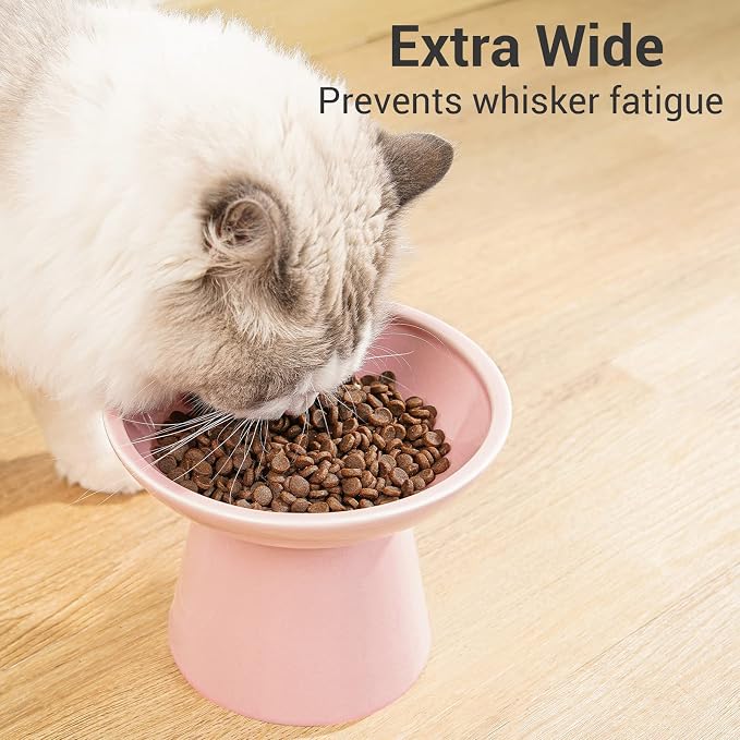 CEEFU 2-Pack Extra Wide Elevated Ceramic 6.2" Shallow Cat Food Bowls | Cat Dish for Whisker Fatigue Relief, 5" Height for Easy Feeding, Durable Raised, Pink