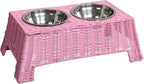 Serenity 6.9" Small Medium Elevated Wicker Pet Feeder with 2 Removable 18oz 2.2 Cup Stainless Steel Bowls Dishwasher Safe Food Water Station for Dogs Cats, Light Green DBL4000Y