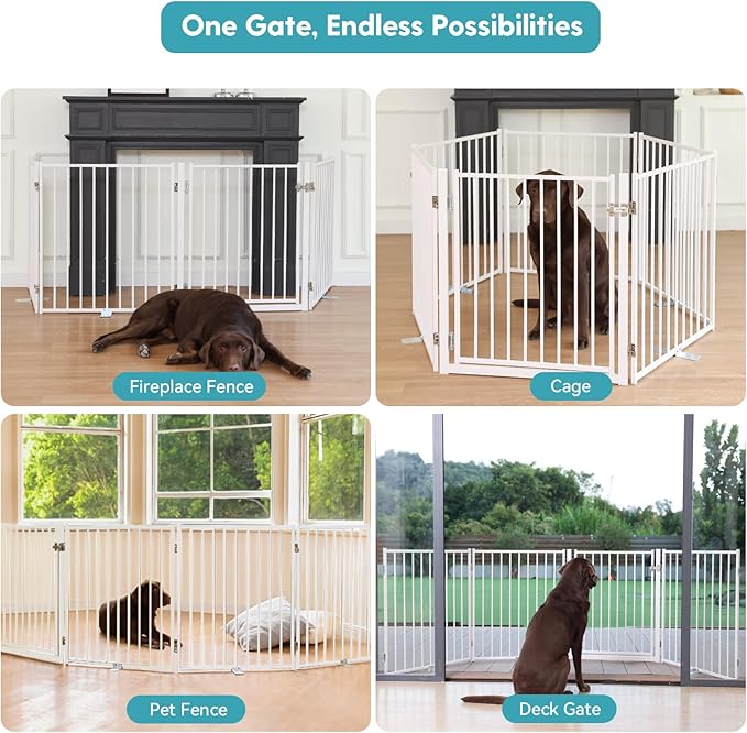 No Pawblems Full Metal Freestanding Dog Gate with Door, 30" Tall | Foldable Pet & Dog Fence for Stairs/Deck/Doorways, Indoor/Outdoor, Freestanding & Wall Mount, 208" Wide, 8 Panels, White