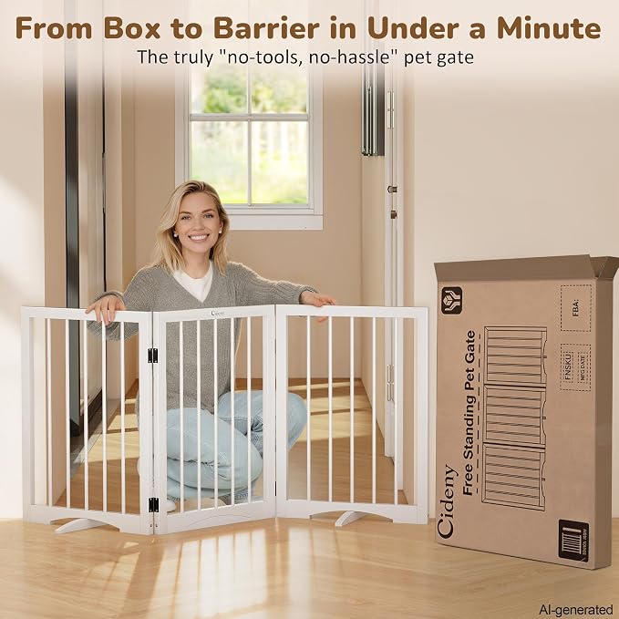 Free Standing Dog Gate Indoor, Foldable Dog Gate for Stairs Doorways | 3-Panel Freestanding Pet Gate with Support Feet for Stability, Folding Puppy Gate Easy to Move, Doggy Gate 54"x24", White