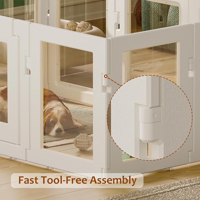 Clear Acrylic Dog Playpen Indoor, Puppy Cat Small Pet Play Pen, Easy Assemble & Disassemble Sturdy Plastic Dog Fence with Heavy Duty Door Lock (24In H, 12Panels), White
