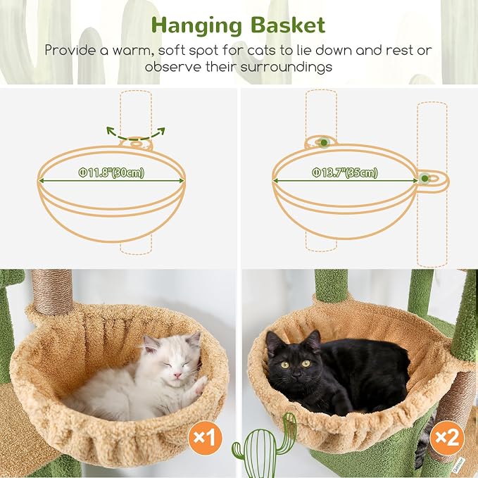 Globlazer Cactus Large Cat Tree, 80 inch Tall Climbing Tower, F80F, Green | Multi-Level Cat Scratching Tower for Indoor Multiple Large Adult Cats Kittens with 3 Cat Caves, 3 Hanging Baskets