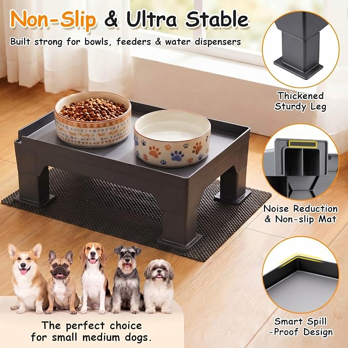 Elevated Dog Bowl Stand and Waterproof Non Slip Mat,1 Set,No Absorbent Pad | Reduce Neck, Joint and Spinal Strain, Sturdy Legs, Easy Clean Silicone Pet Food Mat, For Small & Medium Dogs, Cats