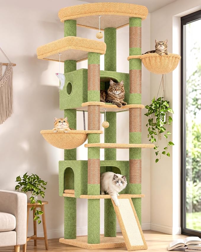 Globlazer Extra Large Heavy Duty Cactus Cat Tree, 80in Sturdy Cat Tree Tower for Multiple Indoor Cats Large Adult with Scratching Posts, 2 Spacious Condos with Padding, 2 Soft Perches, S80C, Green