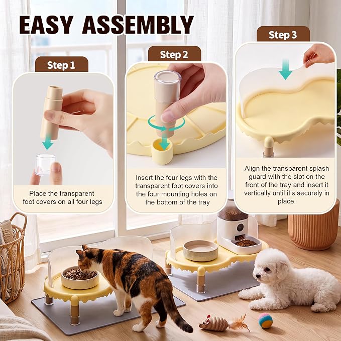 Dreyoo 2 Sets Cat Food Table with Splash Guard, Raised Cat Bowl Stand | Ant Proof Pet Tray, for Cats and Small Dogs, Raised Bowl Stand, EVA Non Slip Pads, for Home Pet Feeding