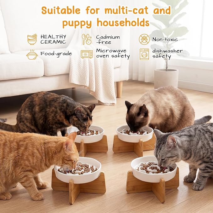4 Set Raised Slow Feeder Cat Bowl with Stand,Flower Style,White | 5.8'' Wide, Ceramic, Elevated, Shallow Slow Eating Cat Bowl, for Dry/wet Food, Beard Friendly, Dishwasher Safe