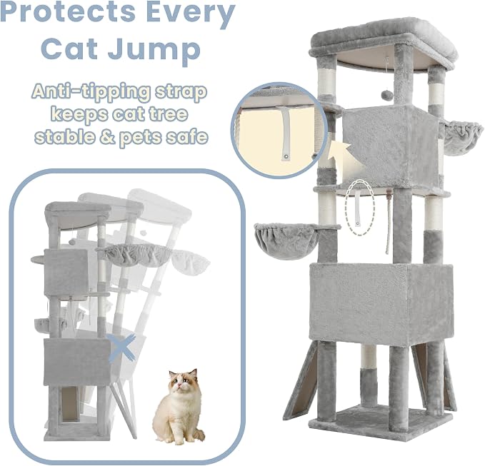 Cat Tree, 73-Inch Sturdy Corner Cat Tower for Large Cat VCT021W | Cat Furniture with Wide Top Perch, 2 Spacious Condos, 2 Cozy Baskets, 2 Scratching Boards & Interactive Toy, Light Gray