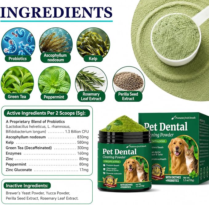Dog Teeth Cleaning Powder – Dog Breath Freshener & Dental Care Powder – Helps Support Clean Teeth, Fresh Breath & Healthy Gums – No Brush Plaque & Tartar Support for Dogs & Cats, 150g