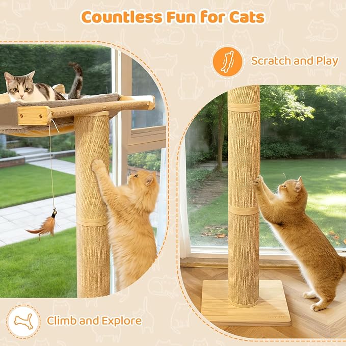 54" Tall Cat Scratching Post with Window Perch | Gray Fluffy Cushion, 3-Piece Thickened sisal Roman Columns, Drill-Free Suction Cup, Elevated Privacy Hammock, 60 LBS Capacity