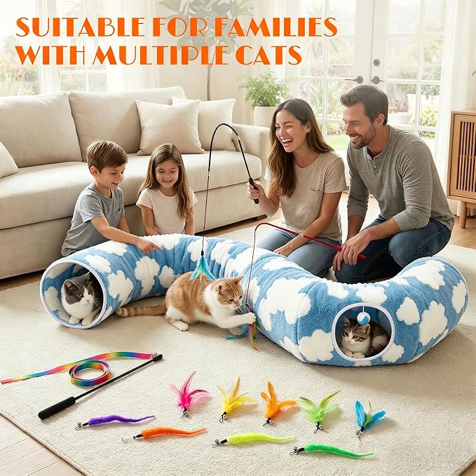 Cat Tunnel Bed with Toys – Large Collapsible Play Tube (Blue) | Soft Tube for Indoor Kittens & Adult Cats – Perfect for Hide & Seek, Pouncing, and Cozy Napping, Space-Saving & Foldable